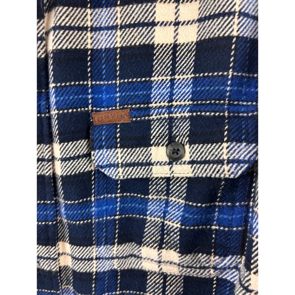 Orvis Blue Plaid Flannel Shirt Men’s Medium Cotton Button Front Elbow Patch - Picture 9 of 9